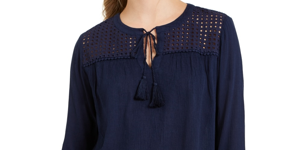 Charter Club Blusa de linho feminina com ilhós e gravata borla, azul, tamanho médio