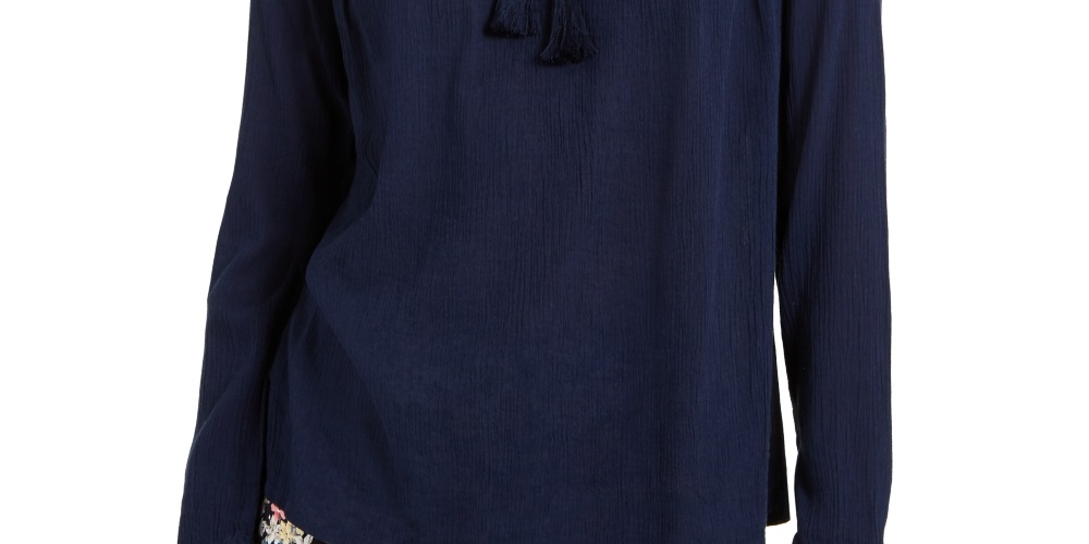 Charter Club Blusa de linho feminina com ilhós e gravata borla, azul, tamanho médio