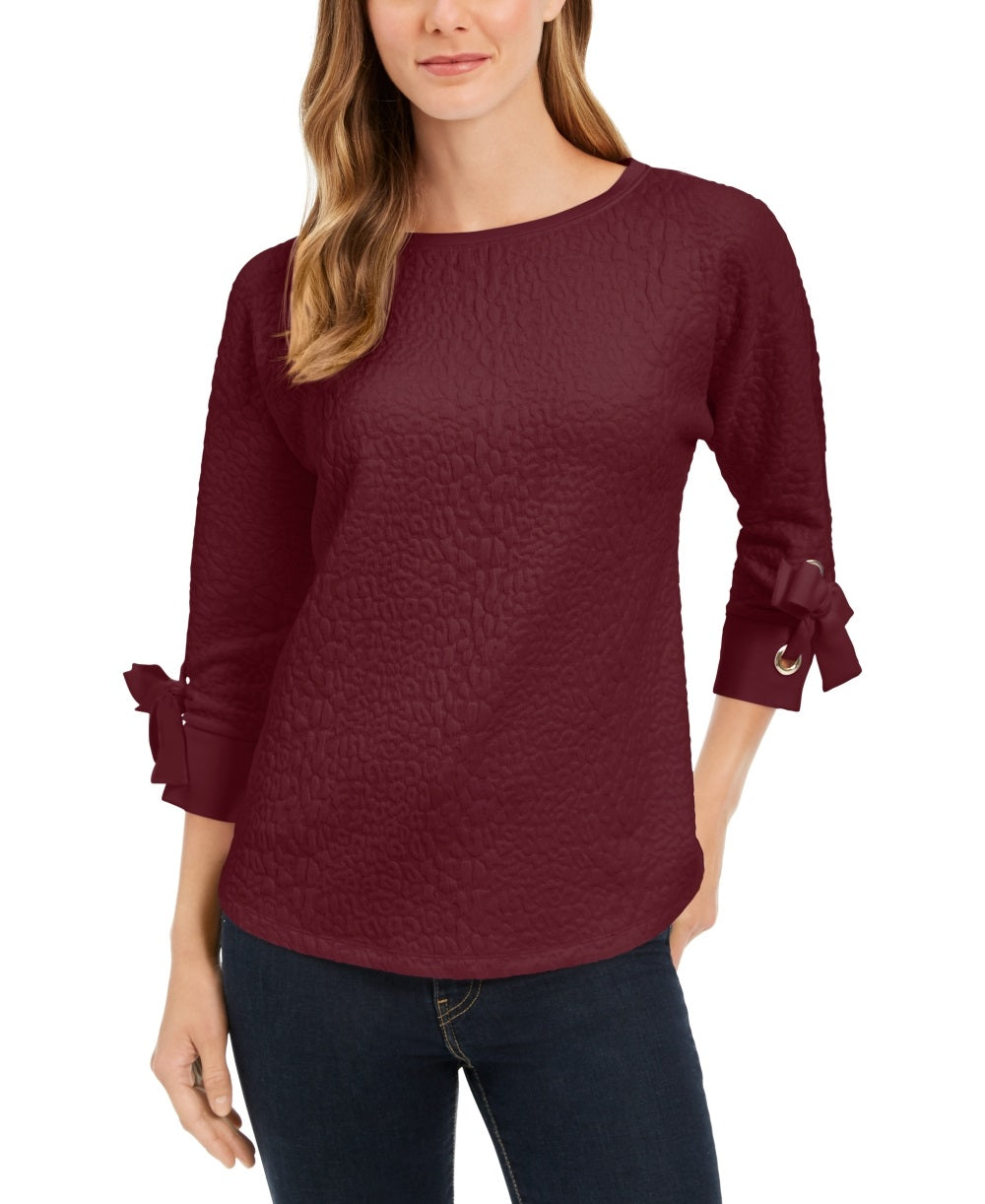 Charter Club Top Feminino Jacquard com Punho e Laço, Vinho, Tamanho PL