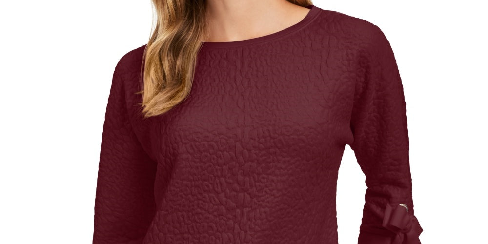 Charter Club Top Feminino Jacquard com Punho e Laço, Vinho, Tamanho PL