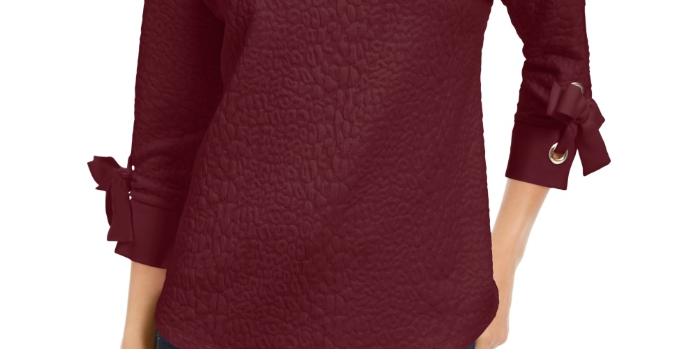 Charter Club Top Feminino Jacquard com Punho e Laço, Vinho, Tamanho PL