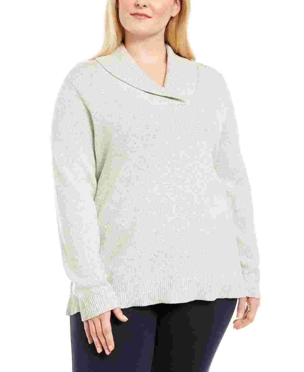 Karen Scott Suéter Feminino Plus Size de Algodão Marmorizado com Gola Xale Cinza Tamanho 0X
