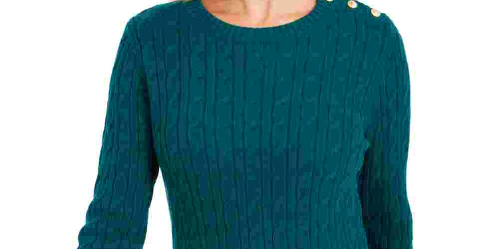 Suéter feminino com estampa texturizada e gola joia, manga comprida, tamanho XX-G, verde, Charter Club