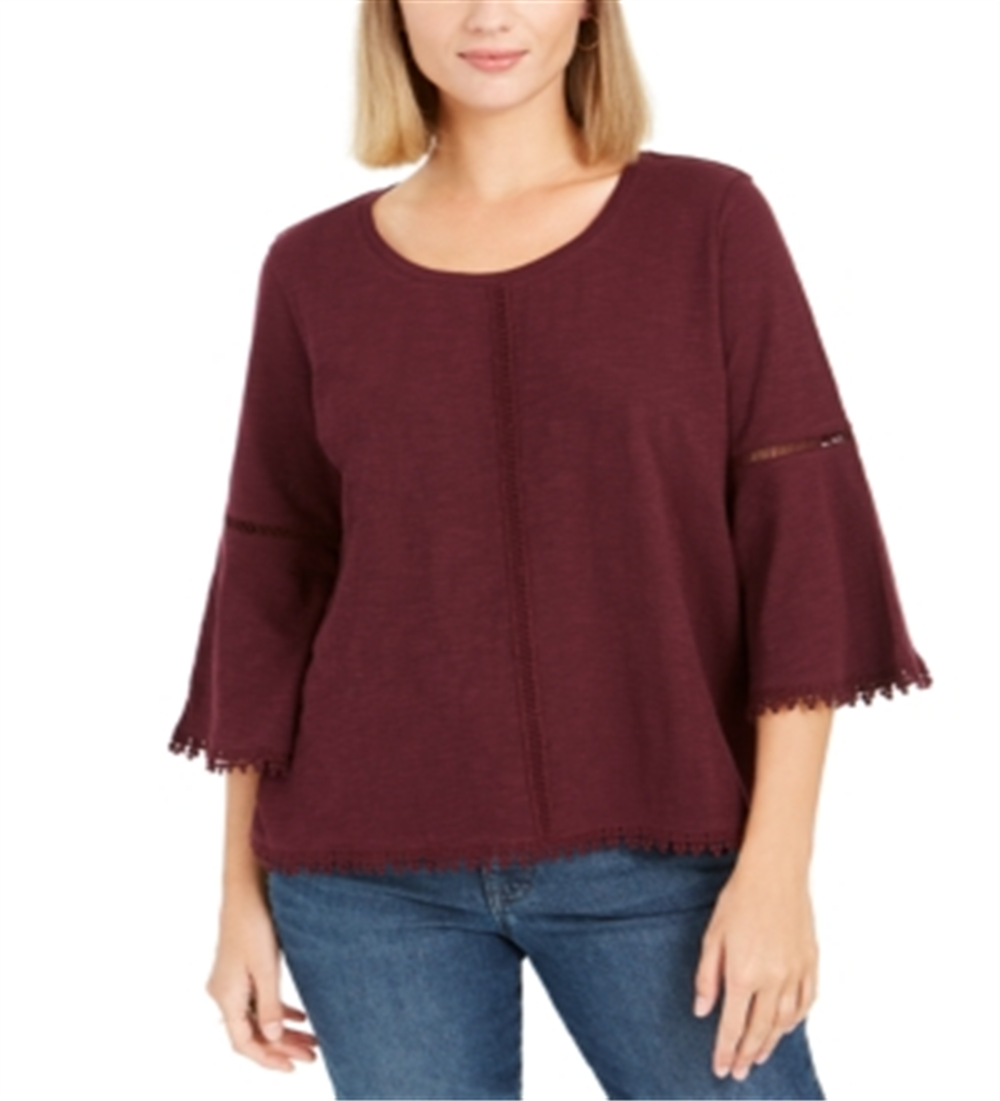 Blusa feminina estilo &amp; co com manga sino e acabamento em crochê, roxa, tamanho P