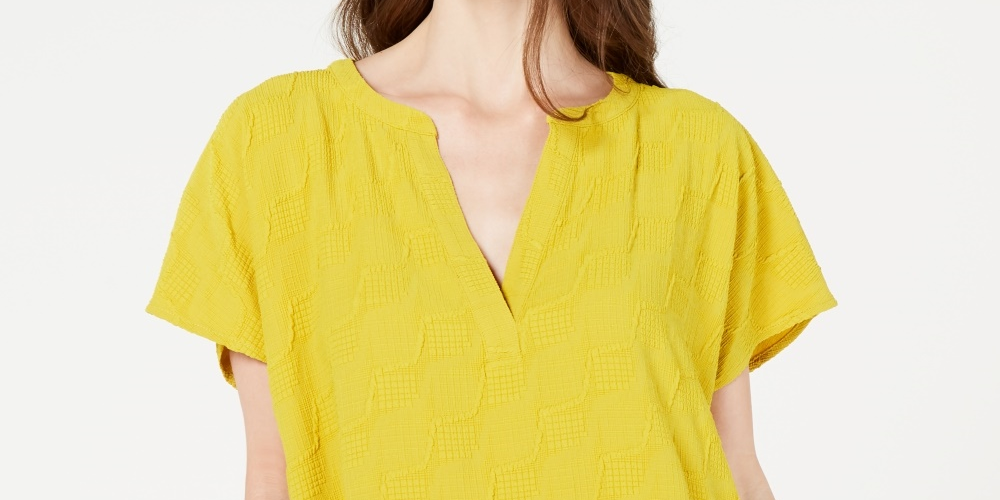 Blusa texturizada com decote em V feminina Alfani, amarela, tamanho PL