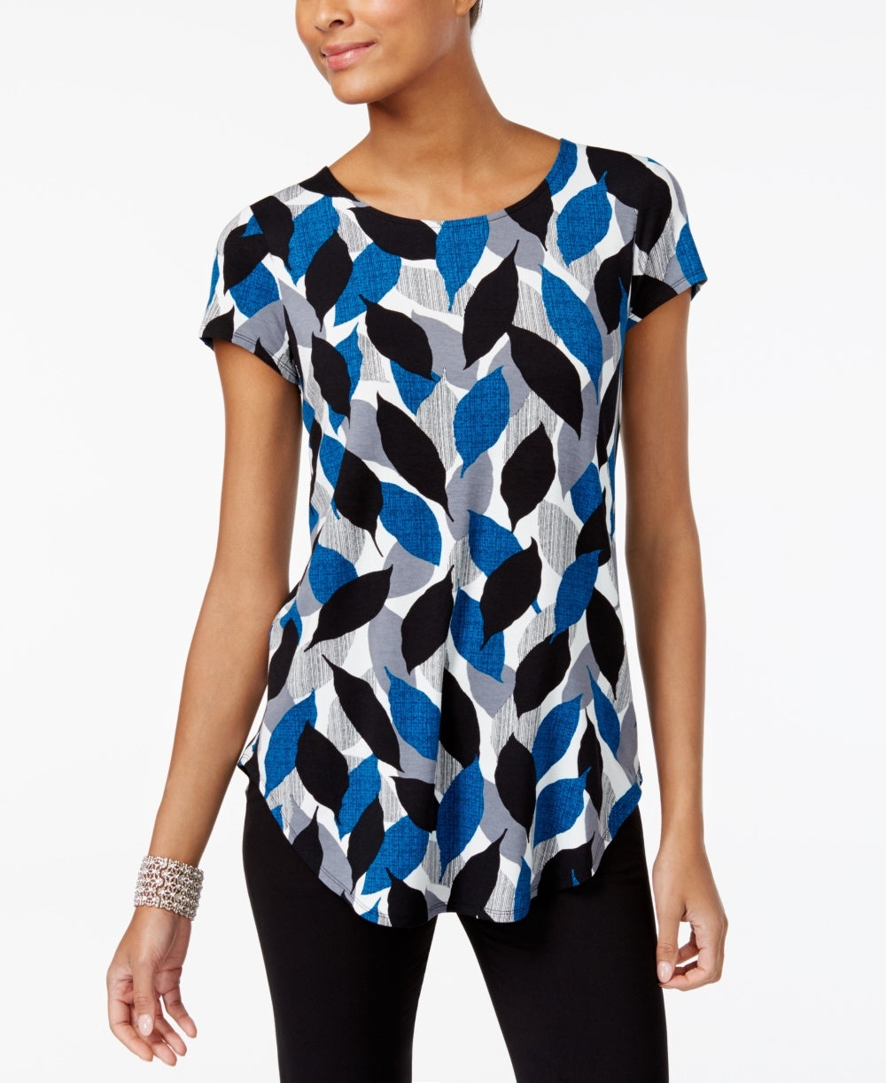 Camiseta feminina Alfani estampada com bainha redonda, tamanho azul - PS