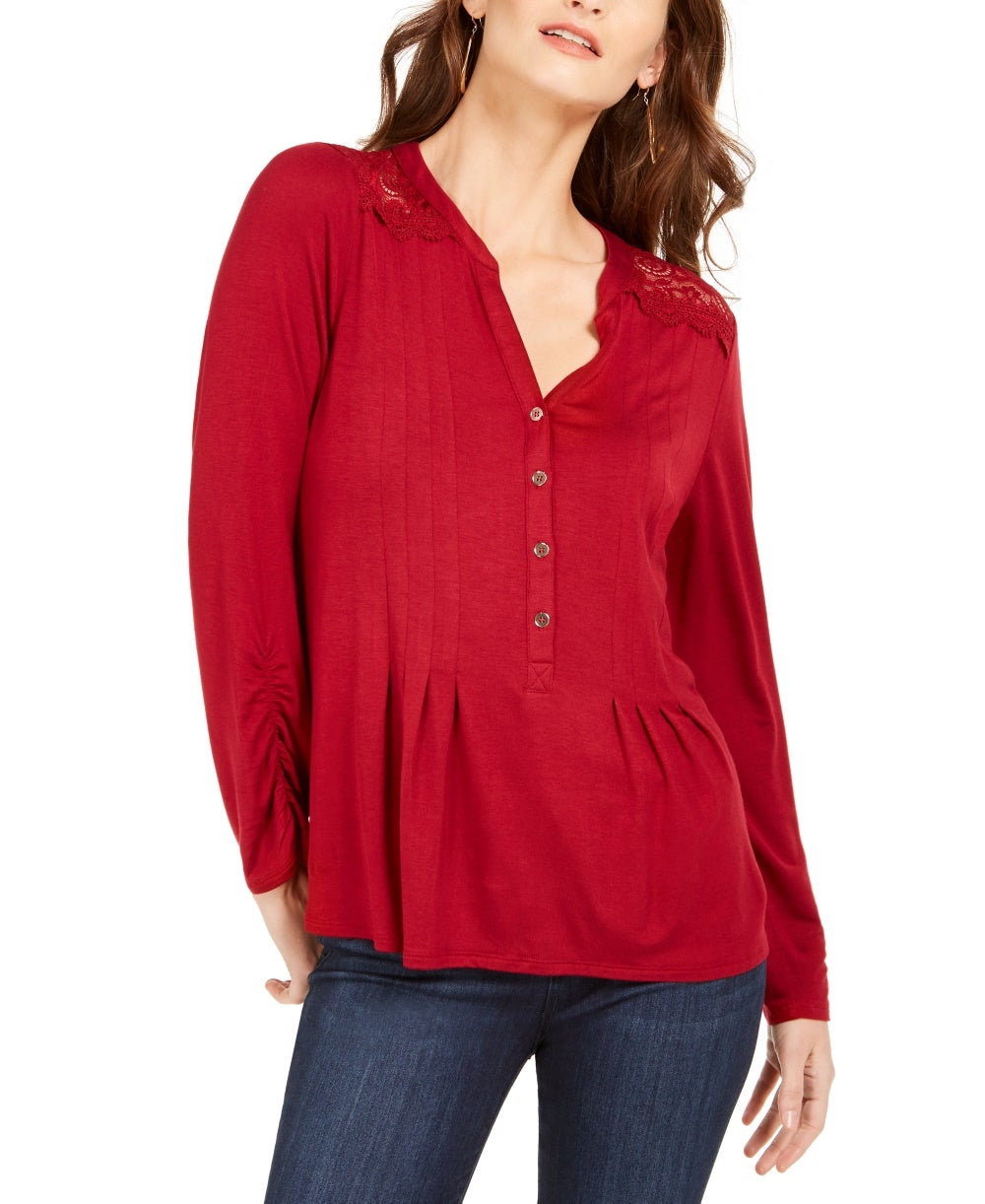 Blusa feminina de malha com jugo de renda pequena da coleção NY, vermelha, tamanho médio