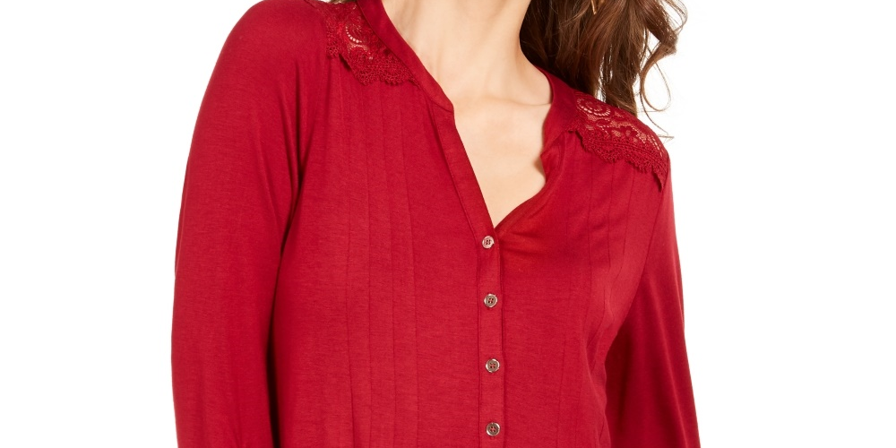 Blusa feminina de malha com jugo de renda pequena da coleção NY, vermelha, tamanho médio