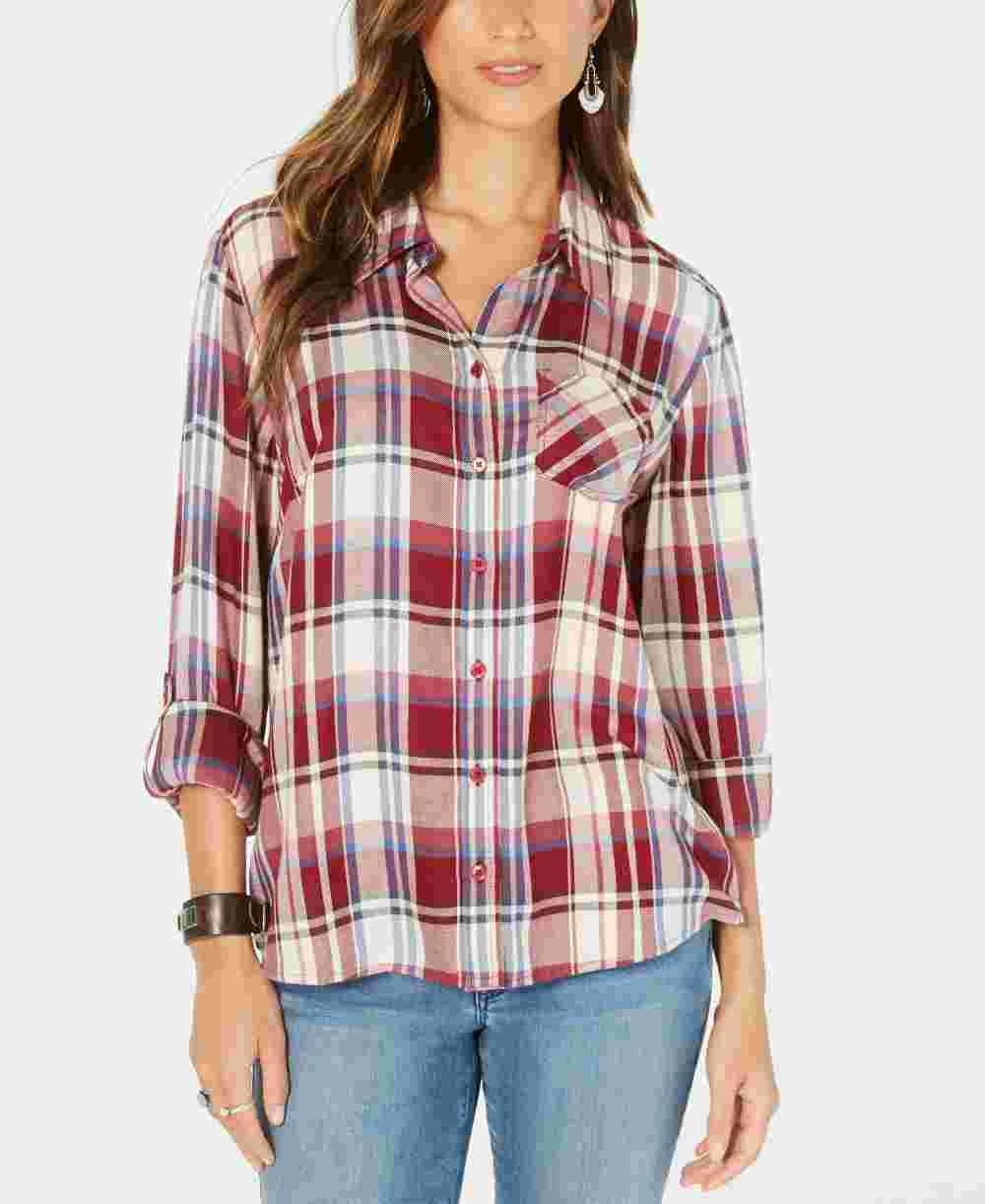 Camisa xadrez feminina Style &amp; Co com um bolso, vermelha, tamanho pequeno