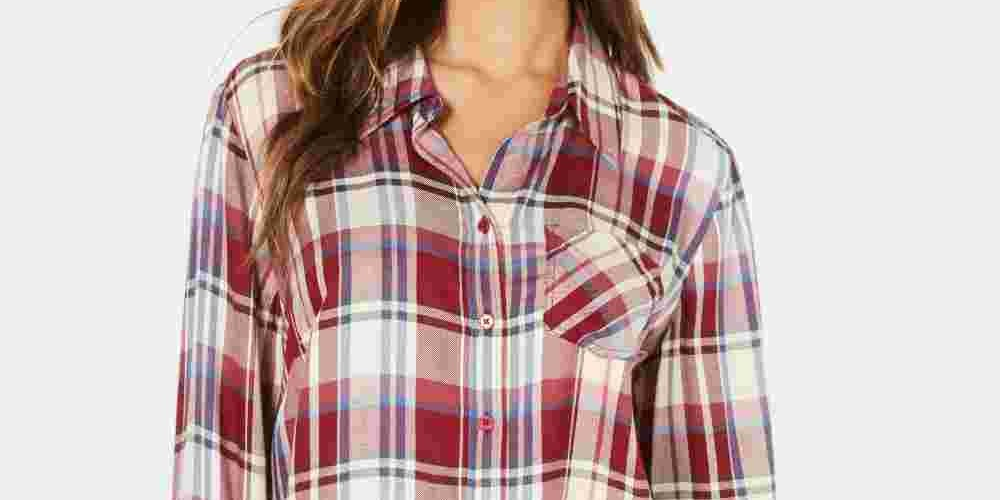 Camisa xadrez feminina Style &amp; Co com um bolso, vermelha, tamanho pequeno