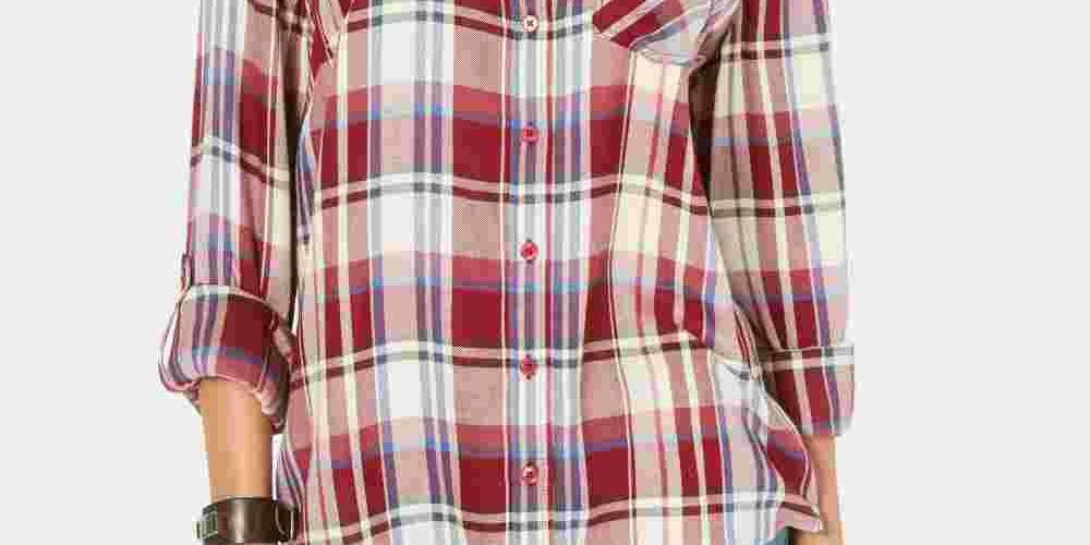 Camisa xadrez feminina Style &amp; Co com um bolso, vermelha, tamanho pequeno