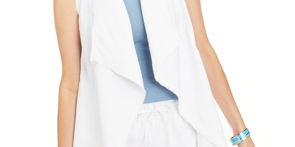 Colete drapeado feminino Charter Club com acabamento desfiado em mistura de linho, branco, tamanho grande