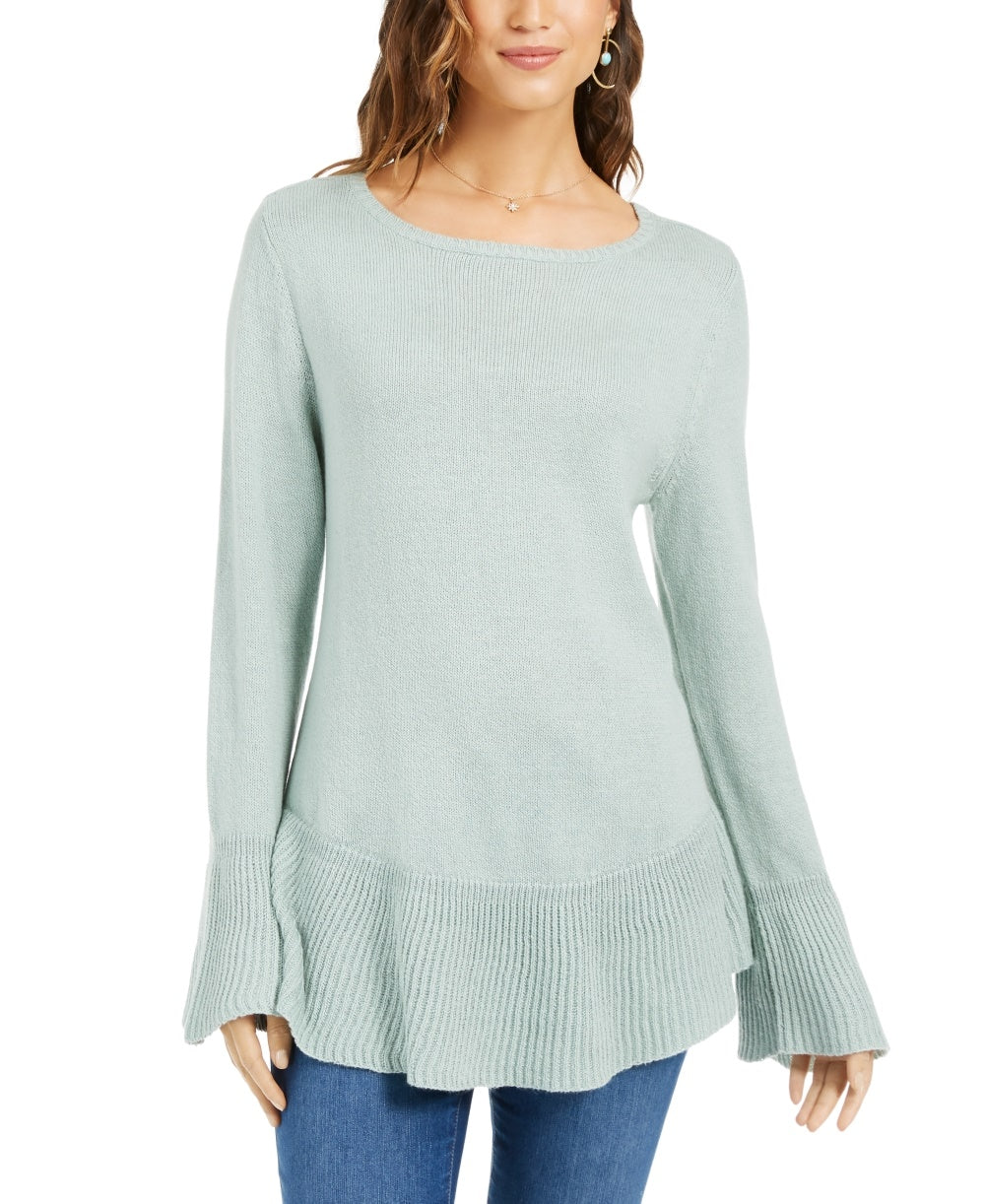 Blusa feminina com estampa canelada e manga comprida, gola redonda, verde, tamanho PL
