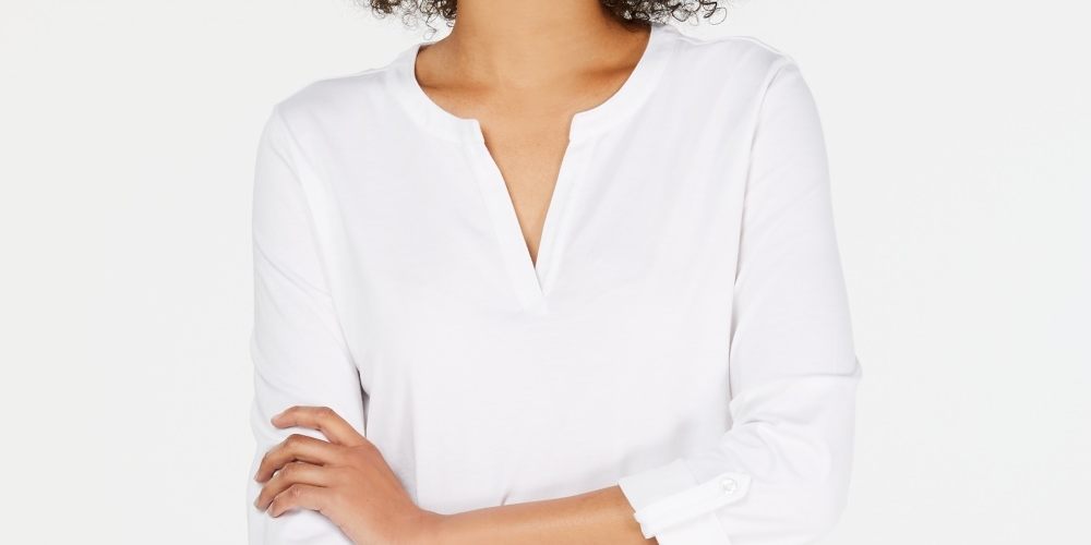 Camiseta feminina Charter Club Supima Cotton com decote dividido, branca, tamanho PL