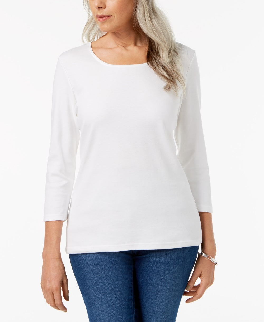 Blusa feminina Karen Scott com decote redondo, tamanho regular e pequeno, branca, tamanho XX-G