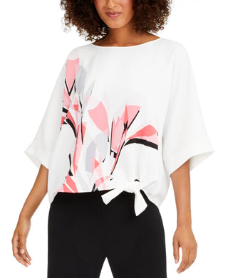 Blusa feminina Alfani com estampa e amarração lateral, branca, tamanho P