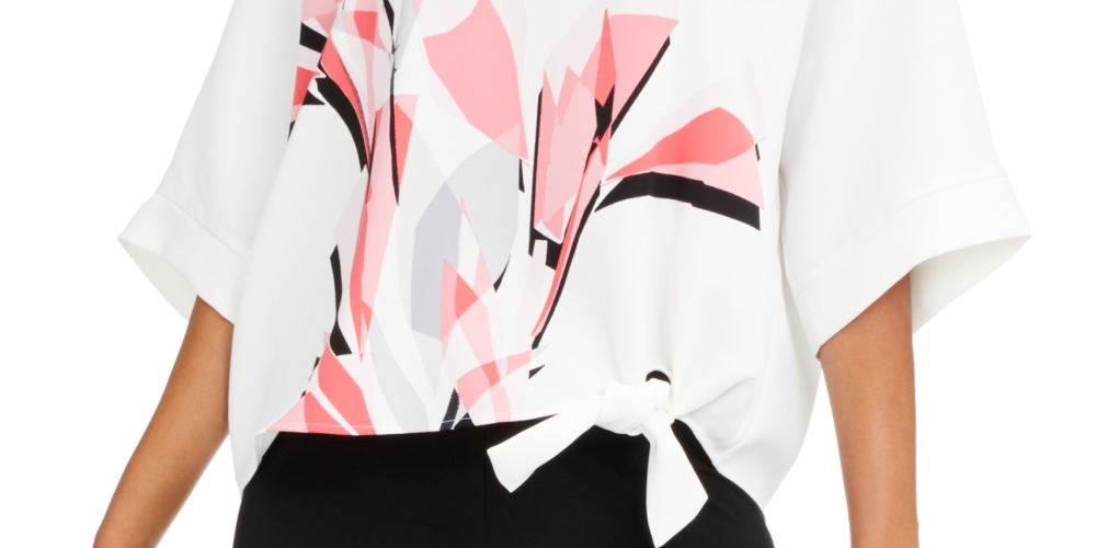 Blusa feminina Alfani com estampa e amarração lateral, branca, tamanho P