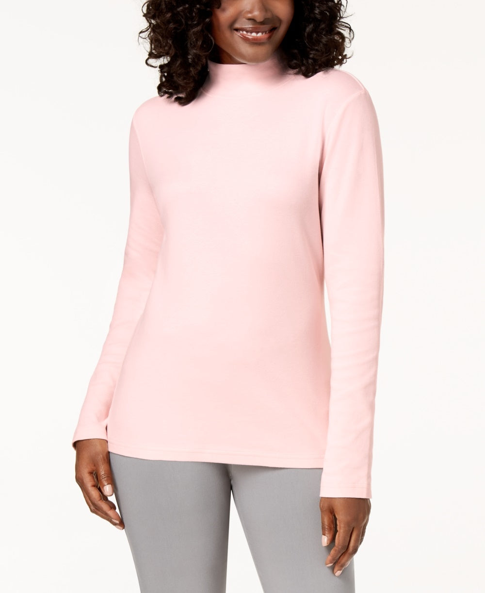 Karen Scott Blusa feminina pequena de algodão com gola alta e manga comprida, rosa, tamanho P