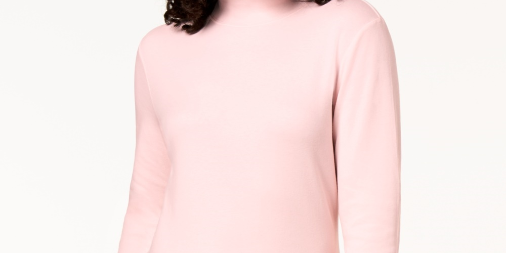 Karen Scott Blusa feminina pequena de algodão com gola alta e manga comprida, rosa, tamanho P