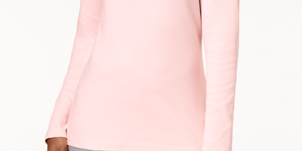 Karen Scott Blusa feminina pequena de algodão com gola alta e manga comprida, rosa, tamanho P