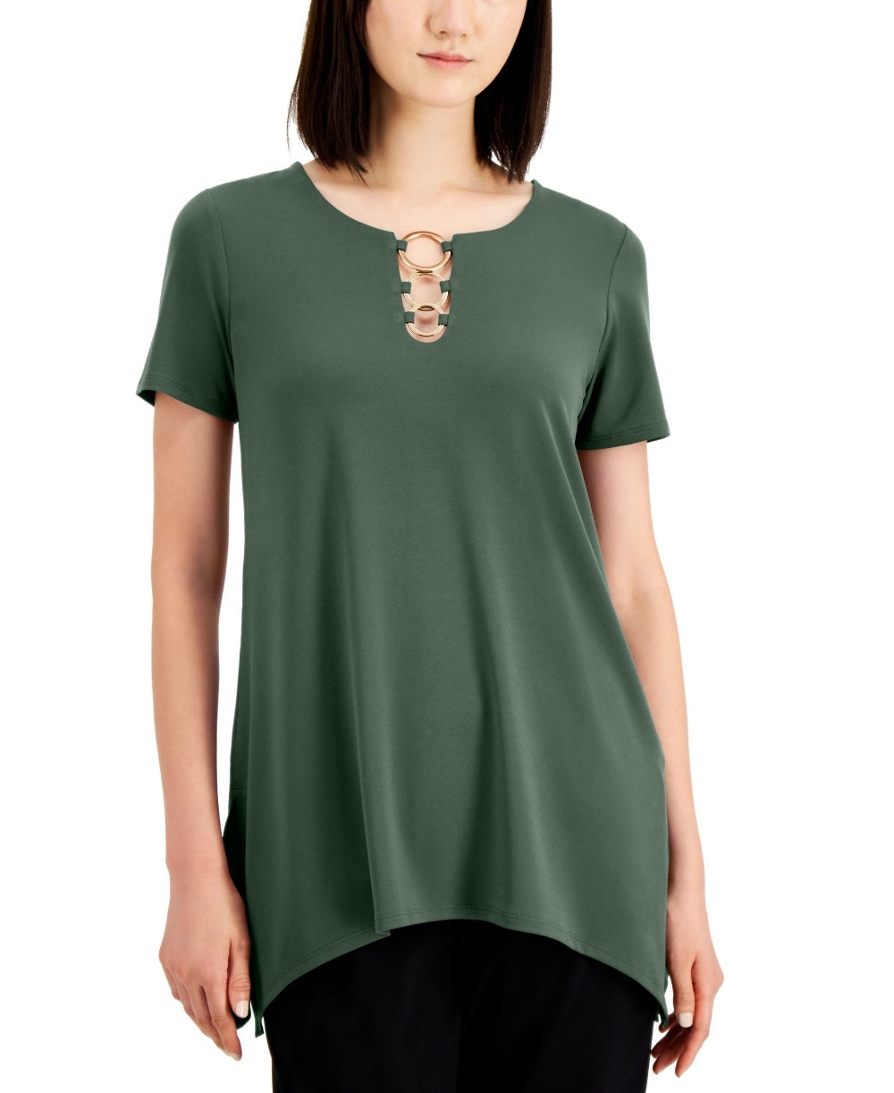 JM Collection Top feminino com bainha em lenço e anel, verde, tamanho grande