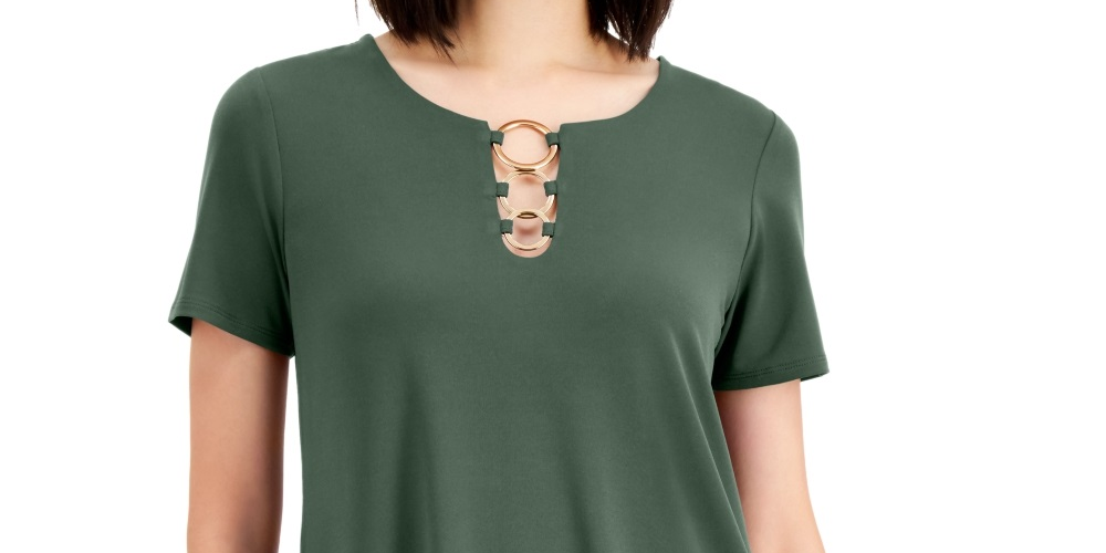 JM Collection Top feminino com bainha em lenço e anel, verde, tamanho grande