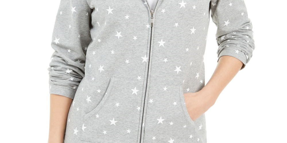 Karen Scott Moletom com capuz feminino Star Gaze com zíper estampado, cinza, tamanho médio