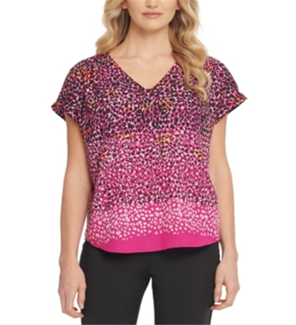 Blusa feminina DKNY com decote em V e estampa animal, rosa, tamanho P