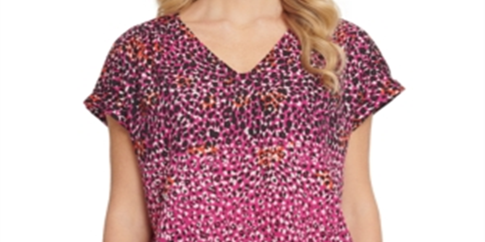 Blusa feminina DKNY com decote em V e estampa animal, rosa, tamanho P