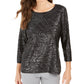 JM Collection Top Feminino Estampado em Jacquard Metálico Preto Tamanho Pequeno Médio
