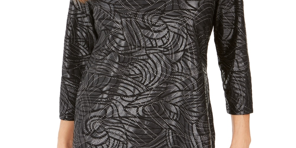 JM Collection Top Feminino Estampado em Jacquard Metálico Preto Tamanho Pequeno Médio