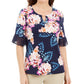 Blusa feminina com decote em V e estampa floral Liza da JM Collection, azul, tamanho pequeno