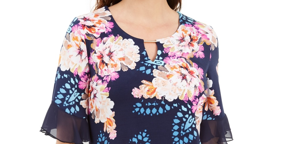 Blusa feminina com decote em V e estampa floral Liza da JM Collection, azul, tamanho pequeno