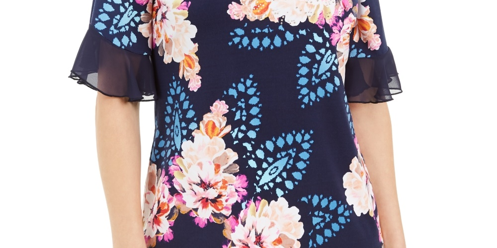 Blusa feminina com decote em V e estampa floral Liza da JM Collection, azul, tamanho pequeno