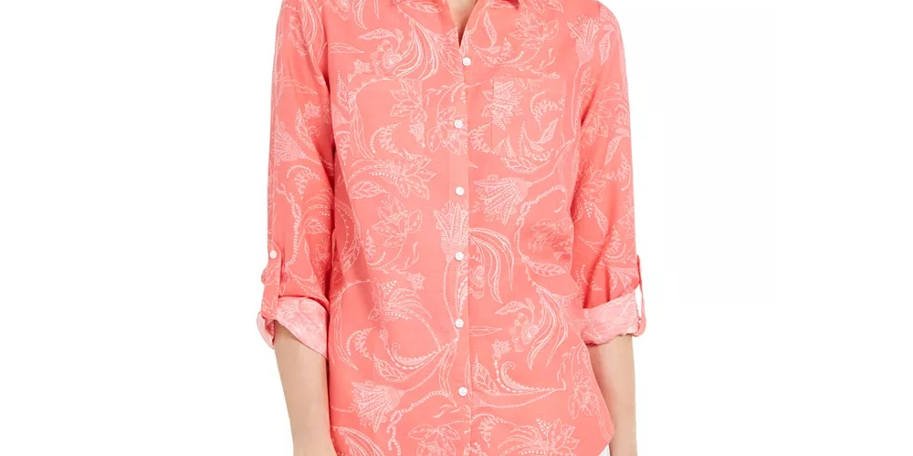 Camisa feminina Charter Club Artful Paisleys estampada em mistura de linho bege, tamanho médio