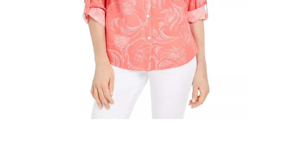 Camisa feminina Charter Club Artful Paisleys estampada em mistura de linho bege, tamanho médio