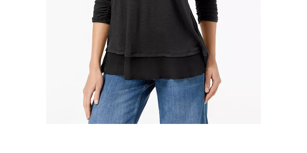Blusa feminina preta franzida com manga 3/4 e decote em joia, tamanho P, estilo &amp; co