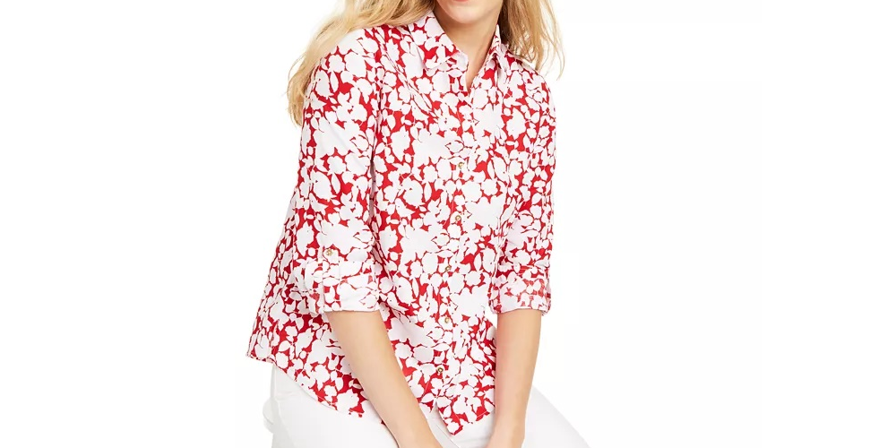 Blusa feminina Charter Club estampada com mangas enroladas em mistura de linho, vermelha, tamanho médio