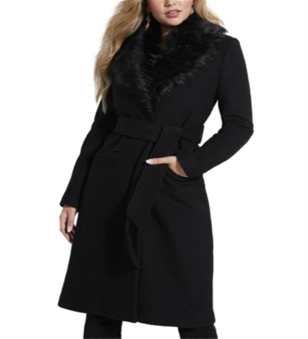 Casaco feminino GUESS Maria com gola de pele sintética Walker, preto, tamanho M