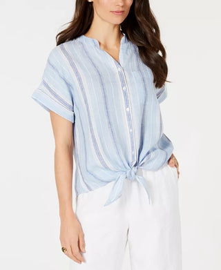 Charter Club Women's Linen Striped Tie Top White Size Small