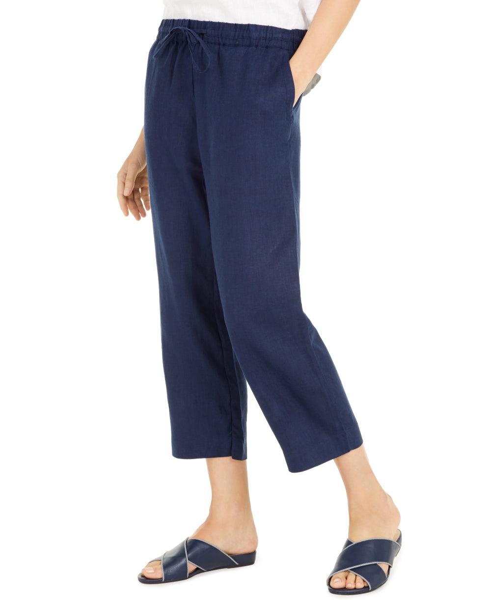 Calça Capri de Linho Feminina Charter Club Cintura Amarrada Tamanho Grande Carvão