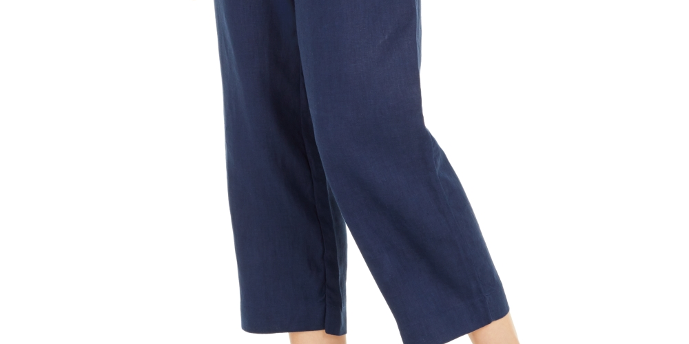 Calça Capri de Linho Feminina Charter Club Cintura Amarrada Tamanho Grande Carvão