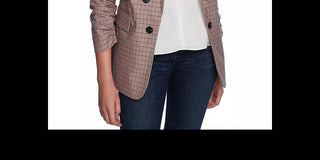 1.STATE Women's Minicheck Ruched Sleeve Blazer Brown