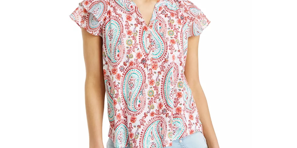 Blusa feminina estampada com decote dividido, tamanho médio, branca, estilo &amp; co