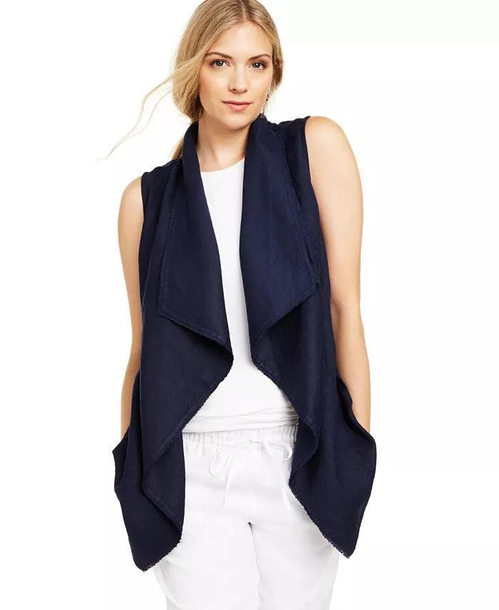 Colete drapeado feminino Charter Club com acabamento desfiado em linho misto, azul, tamanho médio