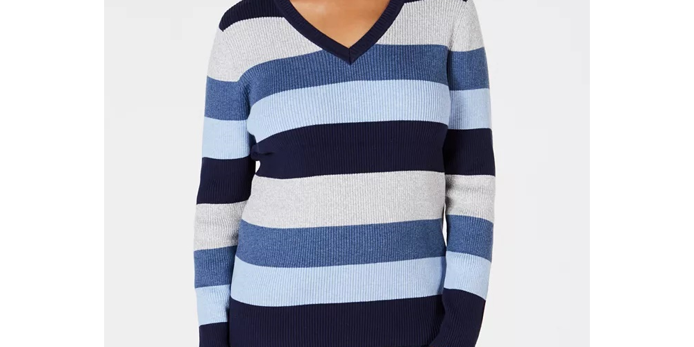 Karen Scott Suéter Feminino Listrado de Algodão em Malha com Canelado Azul/Branco Tamanho Pequeno Médio
