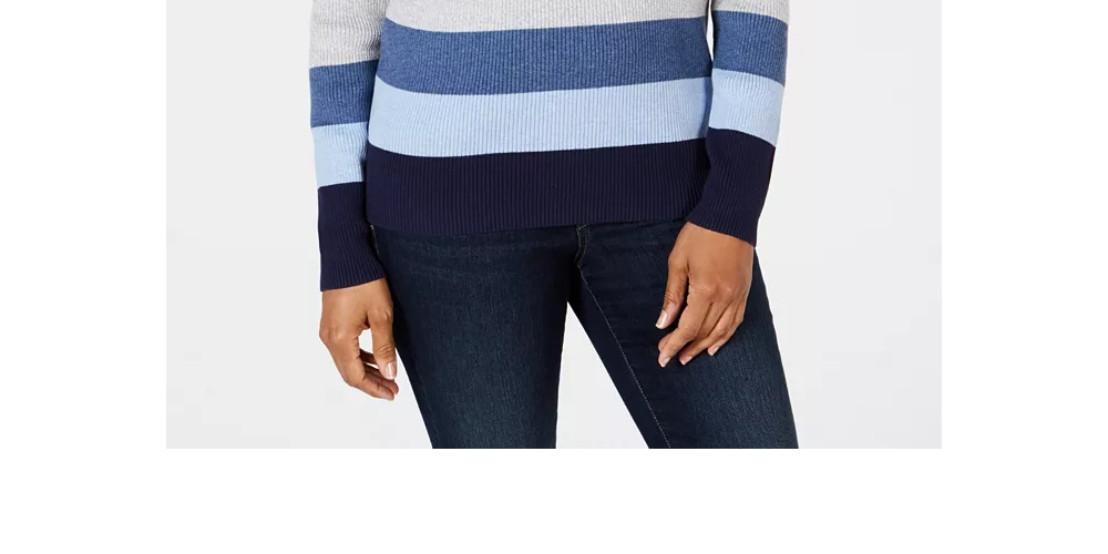 Karen Scott Suéter Feminino Listrado de Algodão em Malha com Canelado Azul/Branco Tamanho Pequeno Médio