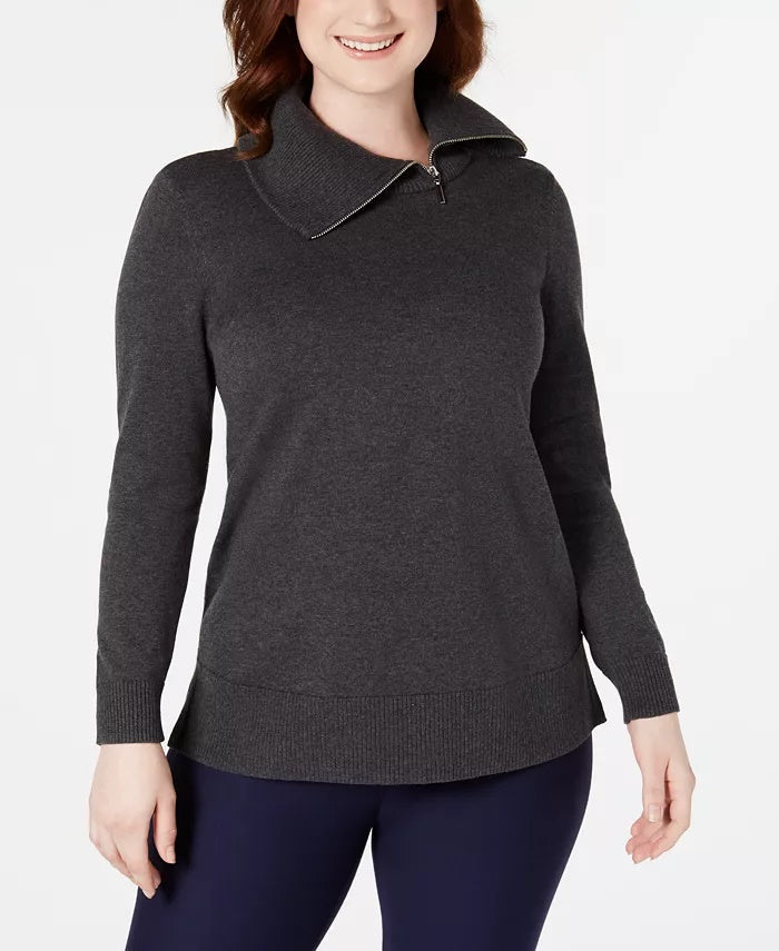 Karen Scott Suéter Feminino de Algodão com Zíper e Gola Azul Tamanho Médio