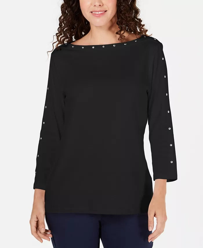 Karen Scott Petite Top de algodão com decote canoa e tachas, preto, tamanho P