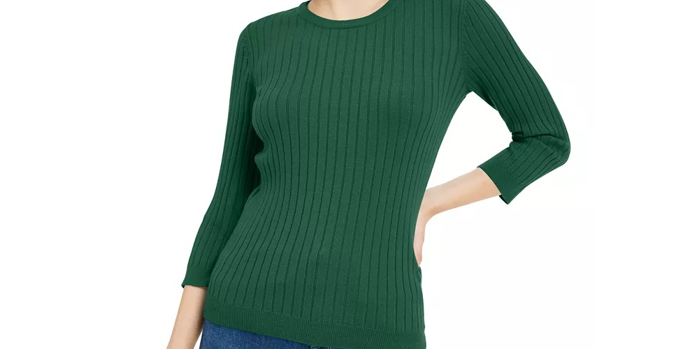Suéter feminino Maison Jules com gola redonda canelada, verde, tamanho X-S